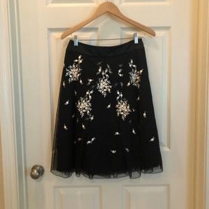 NEW Ann Taylor Tulle White Flowers A Line Midi Knee Length Mesh Skirt Black 0